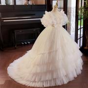 女童礼服高级拖尾白色，花童公主裙高端走秀小主持人重工钢琴演出服