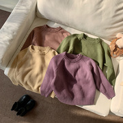 韩版圆领宽松棉线儿童毛衣，2023秋季蝙蝠袖，套头男女童针织衫