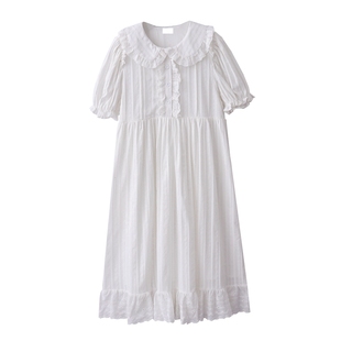 原创夏季日系甜美木耳花边刺绣娃娃领纯棉提花中长款白色连衣裙女