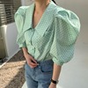 韩国chic夏季法式复古小清新糖果色系扣尖尖翻领泡泡袖波点衬衫女