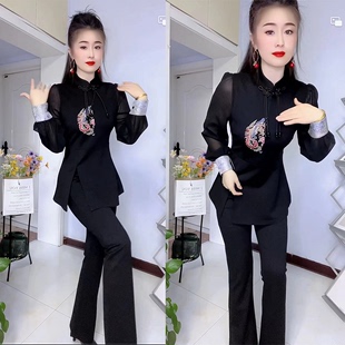 新中式国风时尚套装女气质，外穿盘扣显瘦上衣，搭配裤子两件套