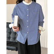 韩系蓝色条纹衬衫，女款2024春季休闲时尚，宽松设计感衬衫