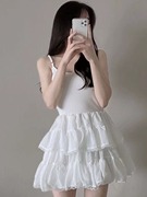 韩国chic夏季纯色蓬蓬吊带连衣裙，女收腰别致层层荷叶边蛋糕裙短裙