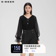 sdeer圣迪奥女装春装优雅罗纹V领网纱灯笼袖黑色长袖T恤S223Z0204