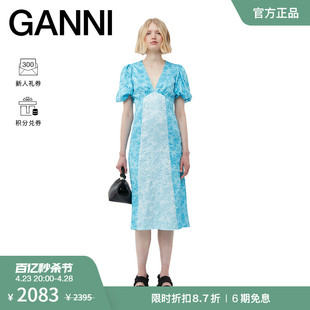 ganni女装天蓝色泡泡袖，v领褶皱丝缎礼服连衣裙f8123893