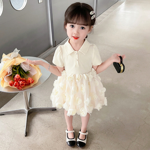 女童夏款蓬蓬裙甜美儿童韩版纯色花朵连衣裙儿童，夏装洋气裙子时髦