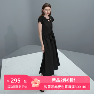三彩2024夏季纯棉小黑裙设计感V领连衣裙不对称长裙极简风女