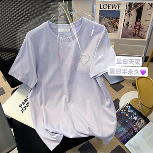 小C家紫色钉珠爱心圆领T恤女2024年春夏洋气正肩半袖上衣体恤