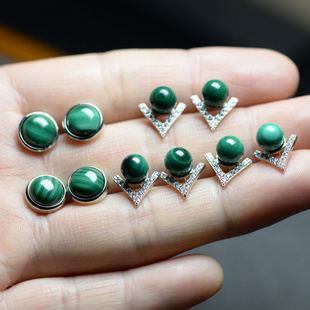 天然孔雀石耳钉纯银耳针女气质，绿色复古简约水晶，耳饰圆三角形耳环