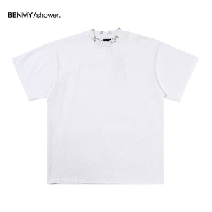 benmyshower国潮领口金属装饰短袖T恤男女cleanfit纯白色宽松体恤