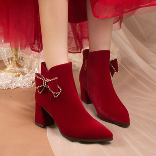 冬季婚鞋女2023粗跟新娘红色，高跟鞋中式结婚靴子，秀禾婚纱两穿