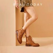 BeauToday英伦风马丁靴女款真皮棕色BT切尔西短靴女布洛克女鞋子