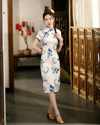 夏青花瓷旗袍丝绸提花素雅小个子，日常改良气质，优雅女连衣裙