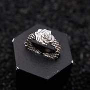 立体玫瑰花朵戒指女小众编织纹理个性S925银开口指环ins食指戒潮