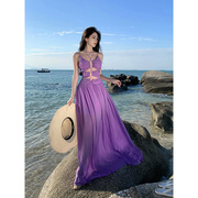 度假风紫色镂空挂脖吊带连衣裙女三亚海边拍照雪纺长裙露背沙滩裙