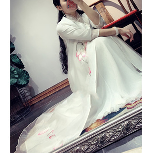 年轻款荷花刺绣改良版旗袍民族中国古风汉服白色连衣裙仙女长裙
