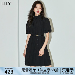 lily2024春女装复古通勤时尚，都市优雅宽松荷叶，边小黑裙连衣裙
