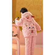 儿童睡衣女童冬季三层，夹棉加绒加厚珊瑚绒可爱女孩大童套装家居服