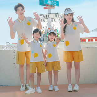 沙滩亲子装夏季菠萝短裤套装一家四口母子母女六一班服表演服