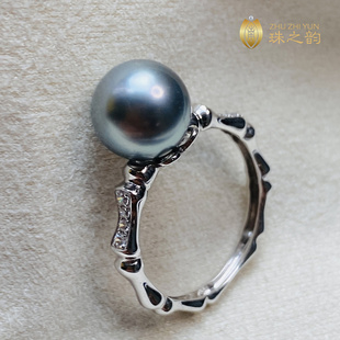 奶奶灰大溪地海水黑珍珠戒指18k金钻石厚实骨头款正圆强光铂