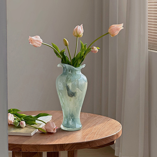 蓝色透明玻璃花瓶中式风格复古花边装饰花器摆件，客厅玄关插花水培