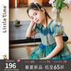 littletime女童绿色中国风网纱，蓬蓬连衣裙2024夏季短袖公主裙