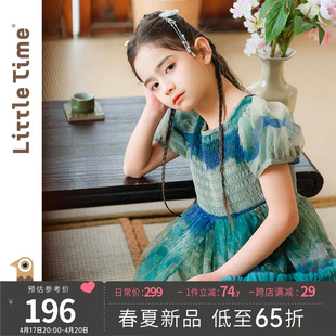 littletime女童绿色中国风网纱蓬蓬连衣裙2024夏季短袖公主裙