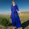 ba7022宝蓝色缎面中袖长款连衣裙迪拜旅游女装