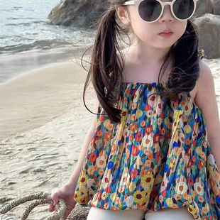 韩国童装女童碎花吊带背心外穿2024夏季儿童小女孩花苞上衣娃娃衫