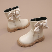 女童靴子冬款2023单靴女童珍珠短靴洋气公主皮靴加绒中筒靴棉