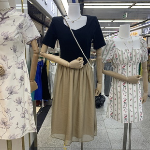 韩国东大门中长款拼接假两件韩版纯棉短袖修身拼接撞色雪纺连衣裙