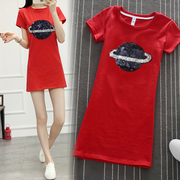 夏季白色修身中长款短袖韩版T恤裙圆领星球亮片体恤红色女装