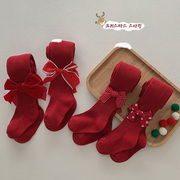 女童红色圣诞连衣袜宝宝百搭长筒袜纯棉儿童纯色打底裤外穿打底袜