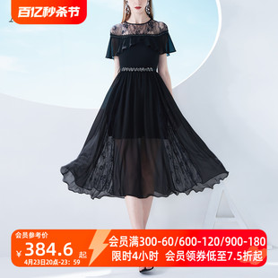 aui黑色蕾丝雪纺连衣裙，女2023夏季设计感气质一字肩大摆长裙