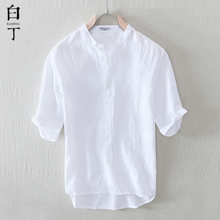 夏季中国风立领亚麻短袖，t恤男宽松休闲白色麻料半袖polo薄款体恤