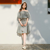22夏韩版童装女童套装休闲度假田园，文艺风(文，艺风)一字肩格子裙亲子两件套