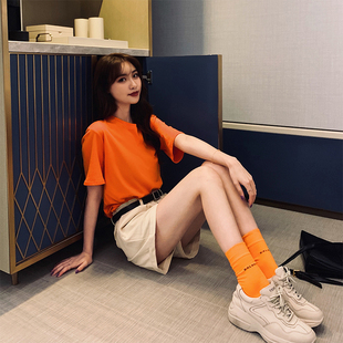橙色短袖t恤女宽松纯色圆领，半袖纯棉简约橘色，上衣2024年夏季