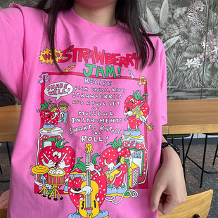 马克先生和天使娜娜草莓音乐节，印花玫红色，220g棉日系少女t恤短袖