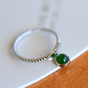 s925银镶和田玉小半圆，碧玉戒指墨绿玉石戒指，时尚简洁指环女戒
