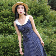 juju夏季女连衣裙复古法式收腰无袖温柔蓝色，波点v领2024裙子
