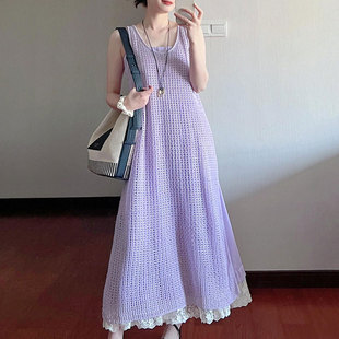 法式高端优雅无袖真丝镂空背心淡紫色连衣裙长裙子假两件套女夏季