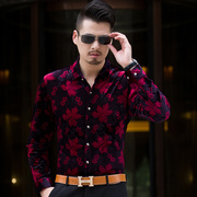 尊信国际美枫福徕长袖修身丝绒衬衫，中国风商务，男艺术植绒休闲衬衣