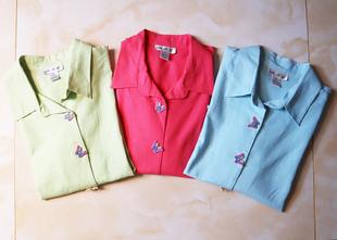 外贸亚麻料女士上衣麻料短袖，衬衫绿色粉红色蓝色蝴蝶_4506