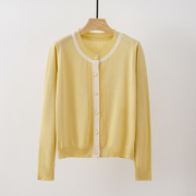 2024春装法式蕾丝边鹅黄色开衫时尚高级质薄外套含桑蚕丝毛女