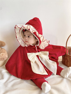 韩版冬装婴儿披风加绒斗篷女童，宝宝外出保暖加厚防风连帽保暖外套