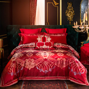 床上a用品四件套欧式婚庆贡缎提花大红色喜庆被套结婚六件套