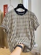 300斤夏季薄款镂空条纹短袖，超大码t恤女蕾丝半袖，胖mm宽松洋气上衣
