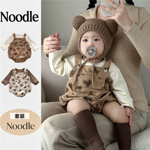 ins韩版婴儿灯芯绒背带连体套装宝宝可爱小熊包屁衣长袖T恤两件套