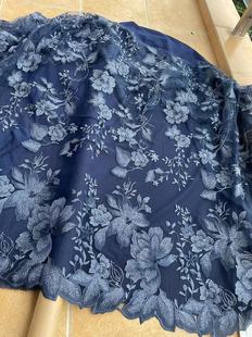 欧洲订单旗袍 重工 蓝色银线刺绣蕾丝面料袍子连衣裙中式经典布料