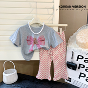 2024夏季女童韩版蝴蝶结短袖，t恤格子九分喇叭裤休闲二件套装
